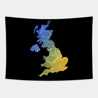 Colorful mandala art map of United Kingdom with text in blue and yellow Tapestry