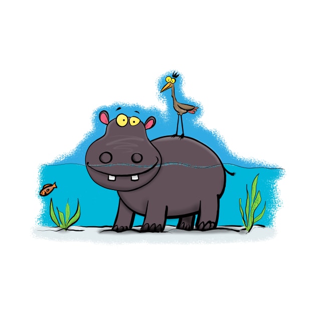 Cute hippo in the river with bird cartoon by FrogFactory