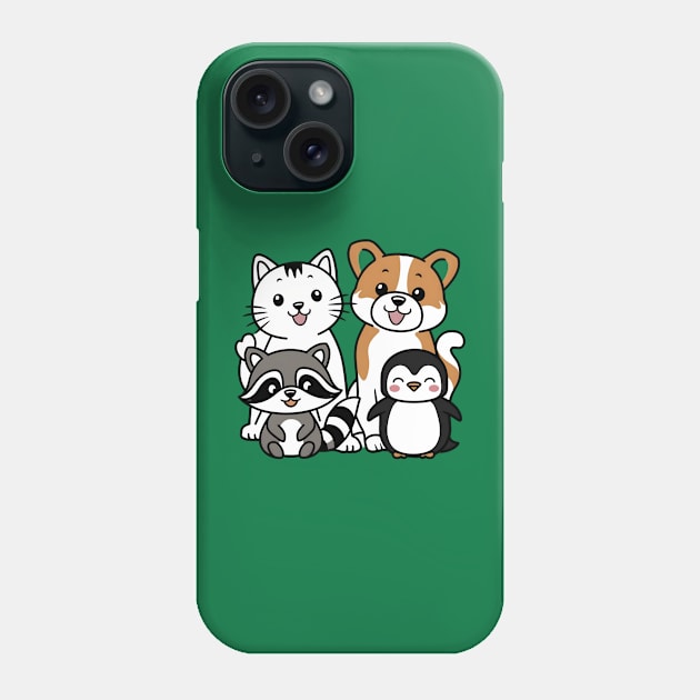 Cute and funny cat, dog, raccoon, and penguin Phone Case by Tee.gram