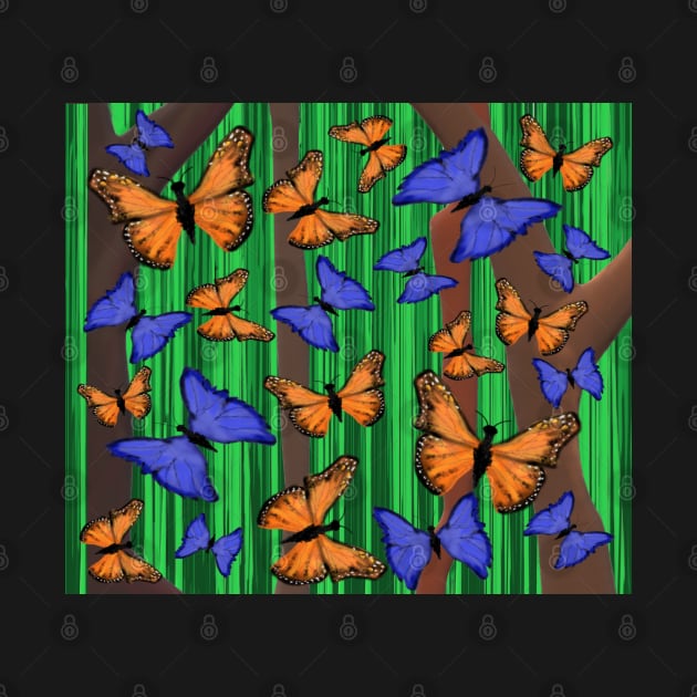 Blue and Orange Butterflies with Abstract Trees and Grass by Art By LM Designs 