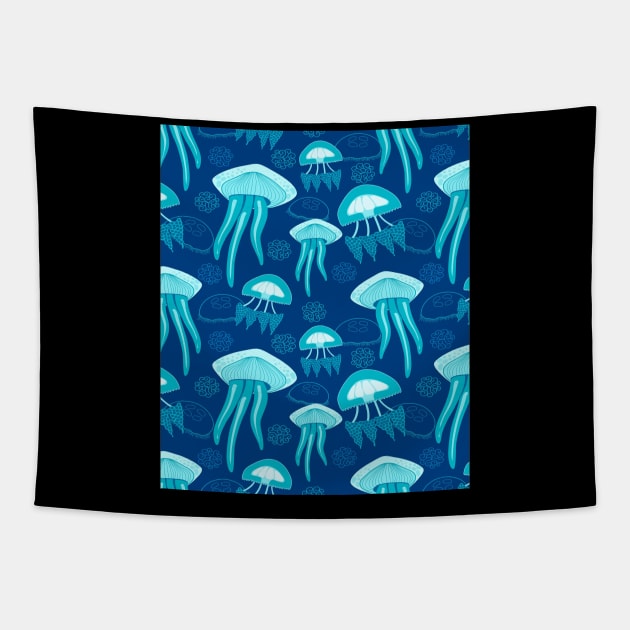 Blue Jelly Fish In The Deep Ocean Tapestry by kooicat