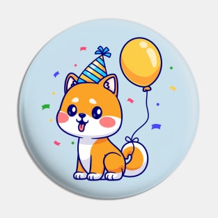 Cute Shiba Inu Dog Birthday Party With Balloon Cartoon Pin