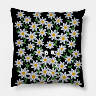 Cat hiding in daisy flower field at night Pillow