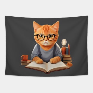 Nerd ginger cat reading book wearing glasses Tapestry