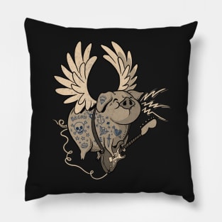 Pigs Rock! - Flying pig playing guitar - retro style Pillow