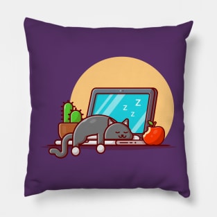 Cute Cat Sleeping On Laptop With Apple And Cactus Cartoon Vector Icon Illustration Pillow