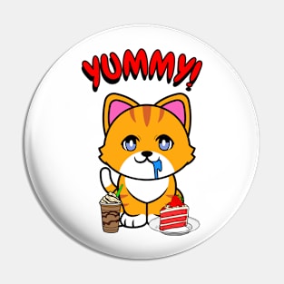 Cute orange cat is having coffee and cake Pin