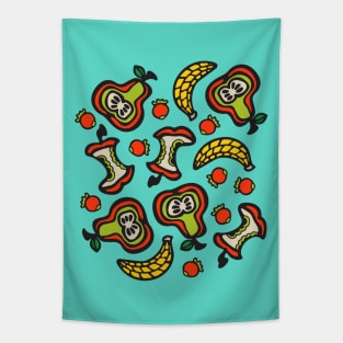 TUTTI FRUTTI Fun Tossed Retro Fruit with Apple Core Pear Banana Berries in Graphic Cartoon Style - UnBlink Studio by Jackie Tahara Tapestry