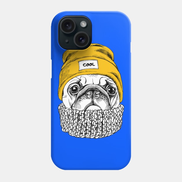 Portrait of Pug in a yellow Hipster hat and with knitted scarf Phone Case by amramna