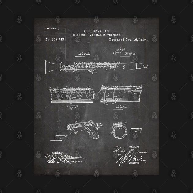 Clarinet Patent - Musician Classical Music Art - Black Chalkboard by patentpress