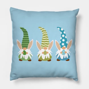 Cute Three easter gnomes with bunny ears holding eggs Pillow