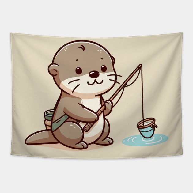 Cute otter Fishing Tapestry by fikriamrullah