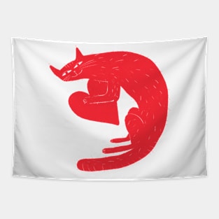 Funny hunchbacked red cat holding heart Tapestry