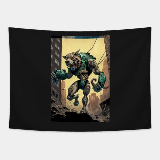 Giant futuristic robot cyborg dog attacking the city Tapestry