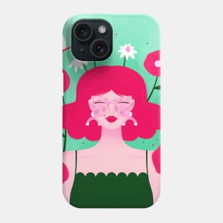 Happy girl with flowers and dragonflies, version 3 Phone Case