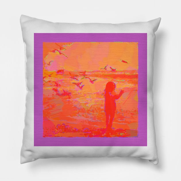 Girl and Seagulls Abstracted in Neon Colors Pillow by DANAROPER