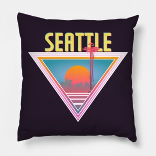 Seattle City Skyline Silhouette Sunrise Retro 80's / 90's Vaporwave Aesthetics - Bright Vintage Design For Sunny Summer Days Pillow