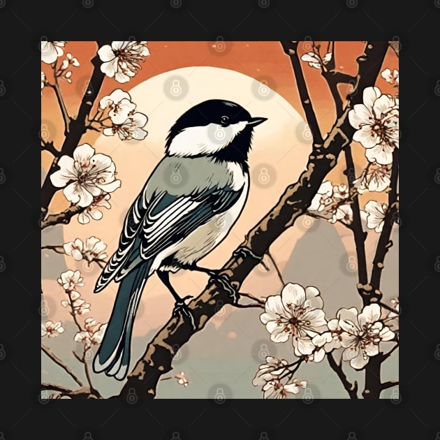 Cute Chickadee Birding in Japanese Vintage Art by DaysuCollege