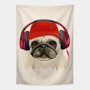 Pug, pug face and music headphones, pug lovers, gift for pug lovers Tapestry