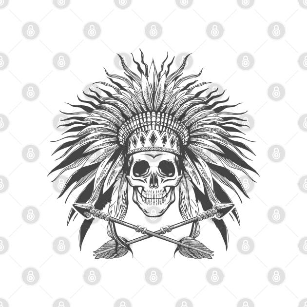 Skull in Indian War Bonnet and Arrows Tattoo by devaleta