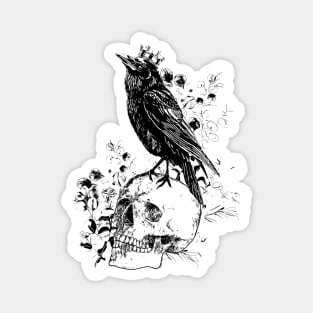 Black raven with skull and crow, skeleton eucaliptus leaves, black and white Magnet