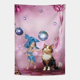 Sweet fairy is playing  with cute cat Tapestry