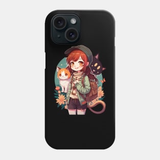 Cute Girl & Cats Kawaii Anime Orange and Black Cat Lovers Phone Case