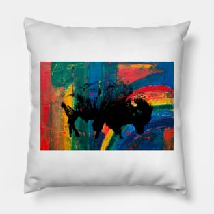 American Bison Stamp Art Painting Rainbow Pillow