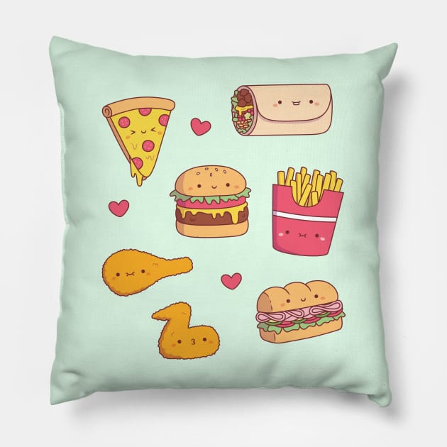 Cute Takeaway Food Doodles Pattern Pillow by rustydoodle