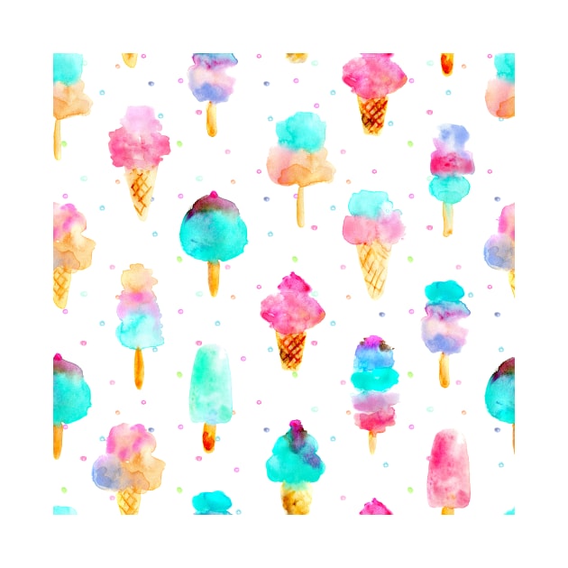 Mint and cherry ice cream - watercolor icecream cones and popsicles by katerinaizotova