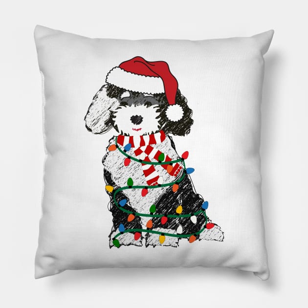 Cute Sheepadoodle Wrapped In Christmas Lights Pillow by emrdesigns