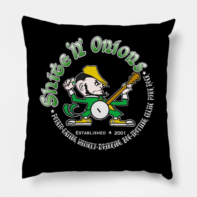 Shite 'n' Onions Folk Punk Banjo Leprechaun (White print) Pillow by Tip-Tops