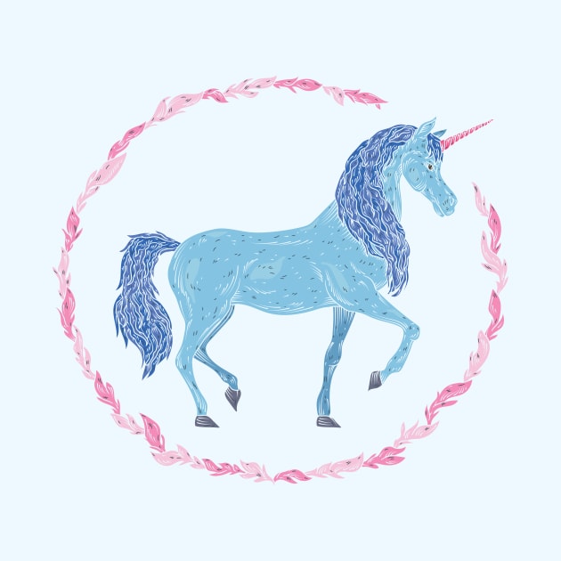 Blue unicorn in a pink floral wreath by PinataFoundry