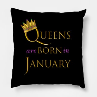 Queens are Born in January. Fun Birthday Statement. Gold Crown and Gold and Royal Purple Letters. Pillow