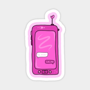 Text Conversation Speech Bubbles on Retro Pink Cell Phone that says “Be Mine?” With “Lol, no” replied, made by EndlessEmporium Magnet