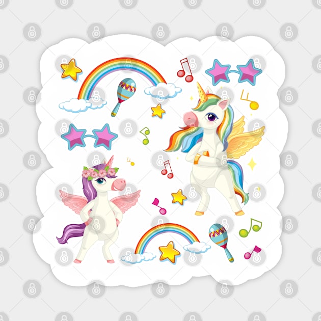 Set of unicorn or pegasus with music theme icon on pastel color background Magnet by Thumthumlam