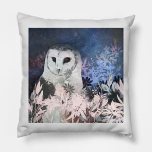 Winter Barn Owl in Flower Field Negative Painting Pillow