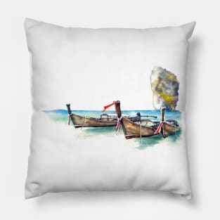 Longtail boats in a lagoon Pillow