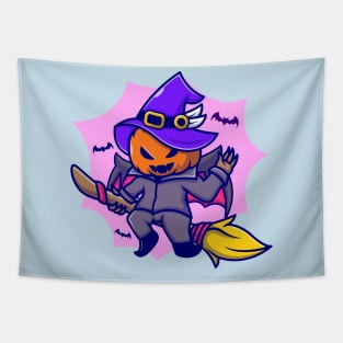 Cute Witch Pumpkin Riding Magic Broom Cartoon Tapestry