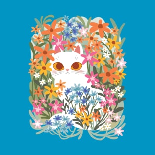 White Cat Rainbow Flowers T-Shirt