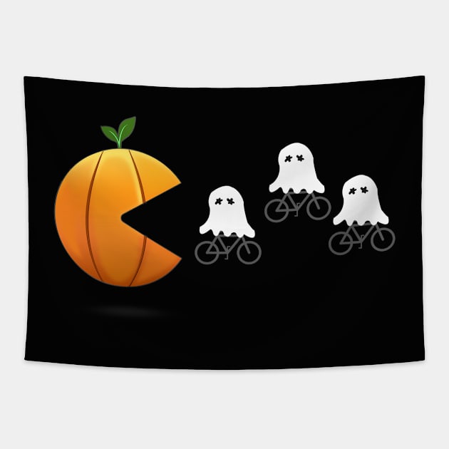 Funny Pumpkin Chasing Cute Ghost, Pumpkin Chasing Cyclist Boo, Pumpkin Eating Boo Ghost Tapestry by BicycleStuff