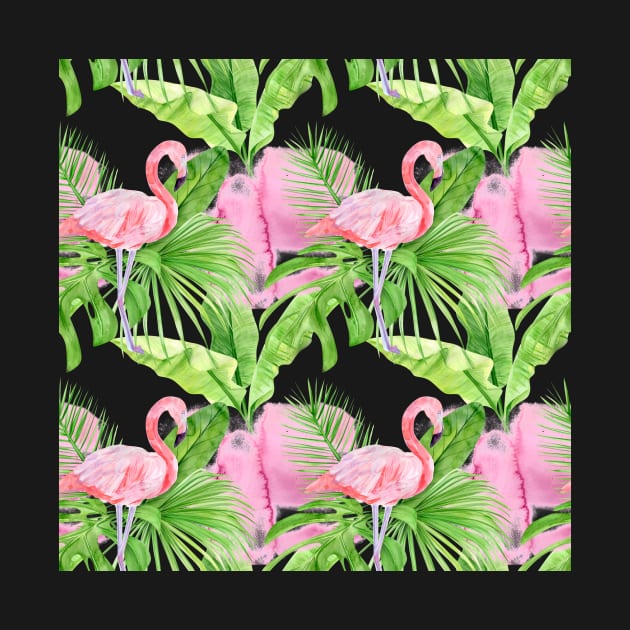 Tropical Pattern Flamingos, Plants, and Petals by CeeGunn