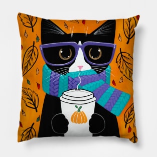 Autumn Coffee Tuxedo Cat Pillow