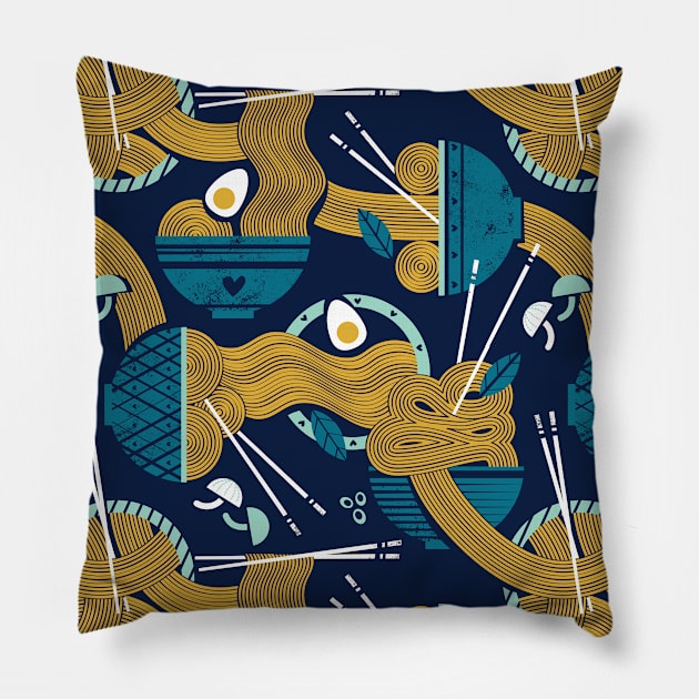 Noodles connection // pattern // midnight blue background teal and aqua bowls yellow pasta Pillow by SelmaCardoso