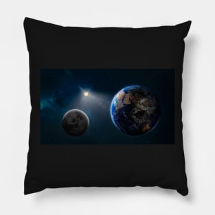 Planet earth and the moon in space, stars fill the sky, with sunlight, 3D illustration Pillow