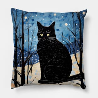 Black Cat Christmas Starry Night Pillow