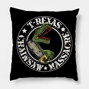 T-rex, T-rexas chainsaw massacre, dinosaur horror parody Pillow