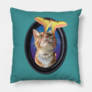 Ginger Tabby Cat Watching a Chinese Moon Moth Pillow