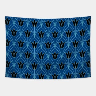 Art Deco Black Tulips on Blue Tapestry
