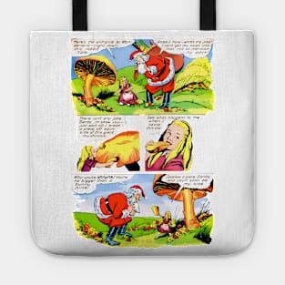 The Funny Alice offers mushrooms to Santa Claus for a hallucinogenic and phicoldelic Christmas Retro Vintage Comic Tote